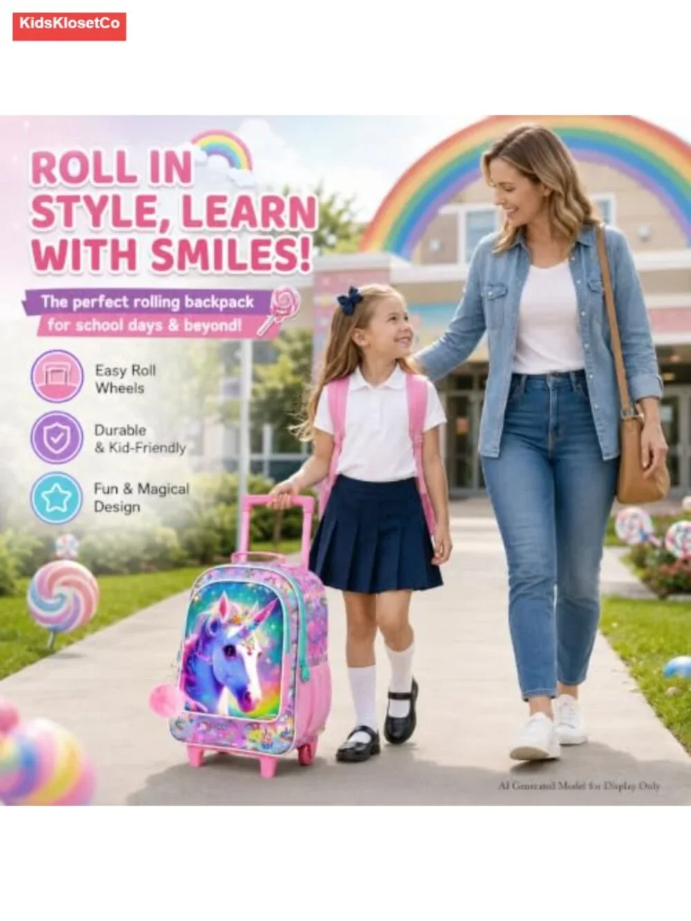 Girls Rolling Backpack with Wheels - Unicorn School Bag